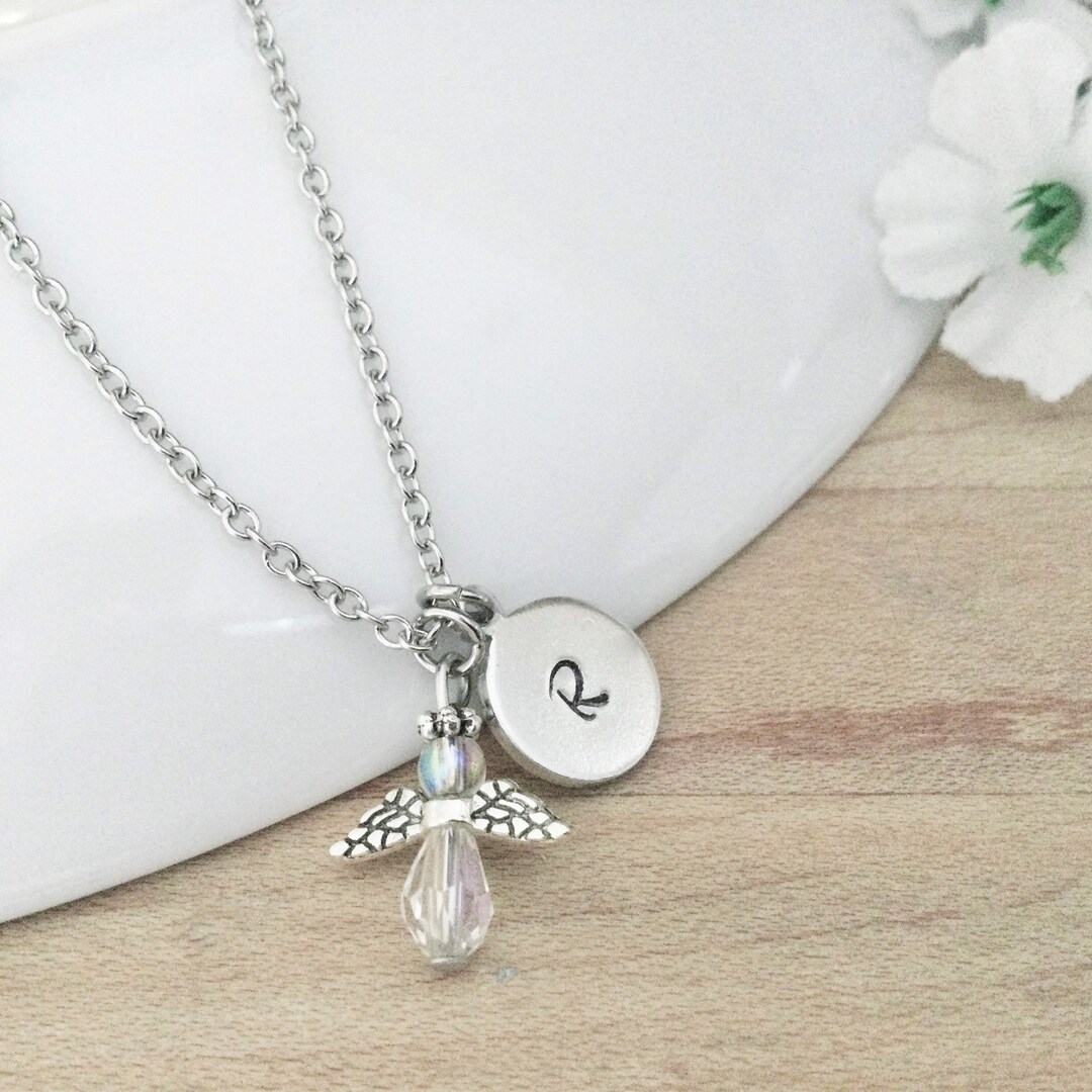 Angel Initial Personalized Initial Angel Necklace, Guardian Angel Pendant, Protective ...