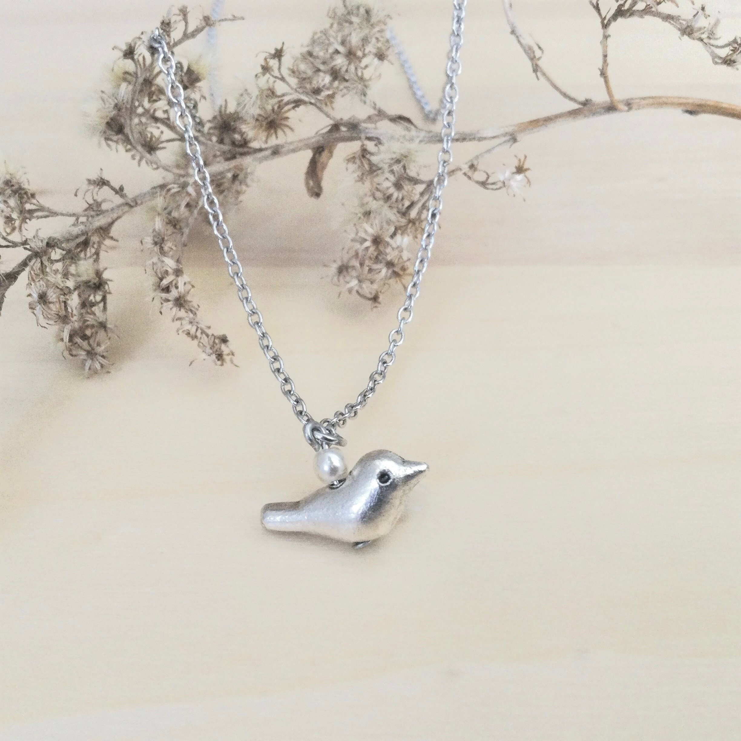 Ciondolo Collana Uccellino In Gabbia - 2 Pezzi Argento Con Perle In Pietra Lavica - Julie Wang