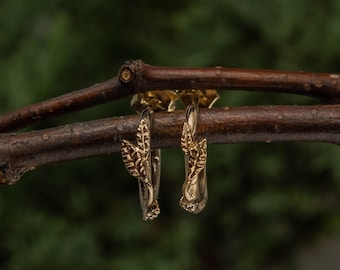 14k Yellow Gold Small Leaf Vine Hoop Earrings