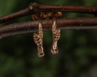 14k Rose Gold Small Leaf Vine Hoop Earrings