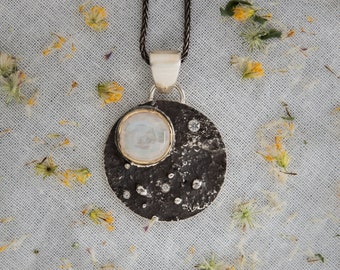 Celestial Moonstone and Diamond Reticulated Sterling Silver and 14k Gold Pendant Necklace