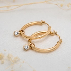 Diamond and 14k Gold Hoop Charm Earrings With or Without Large 14k ...