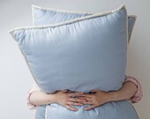 Blue pillows. Pure virgin wool pillow with blue cotton sateen encasement. With internal foam filled pillow for best comfort. Blue bedding.