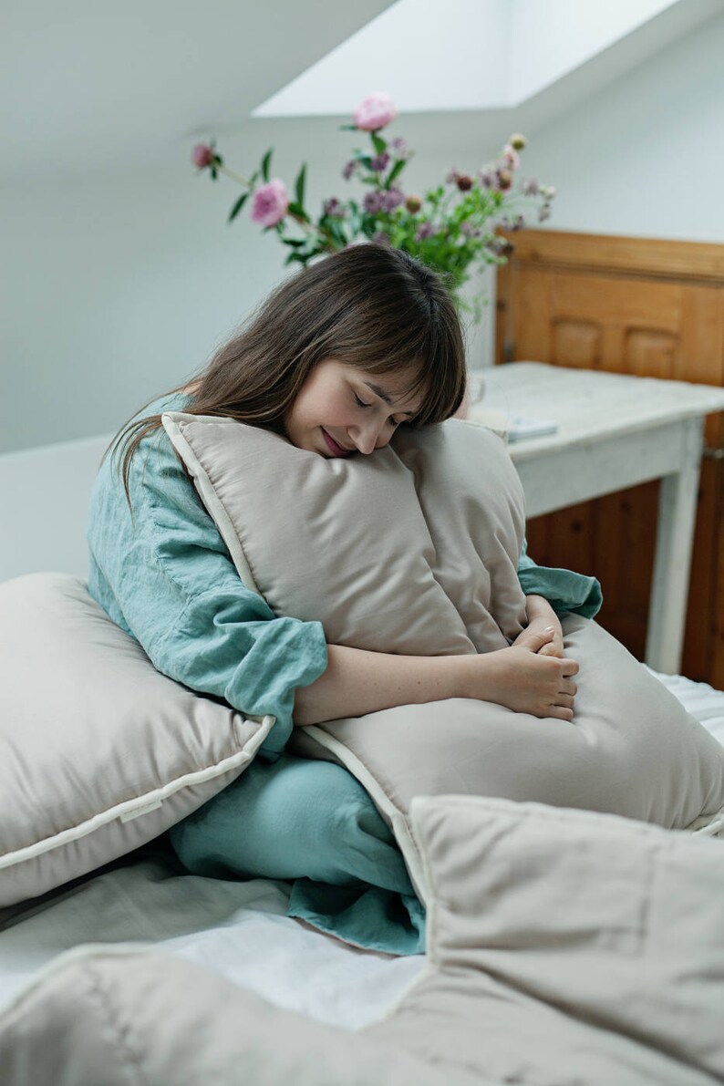 Sleep Pillows. Natural Wool Pillow With Gray Cotton Sateen Shell. With