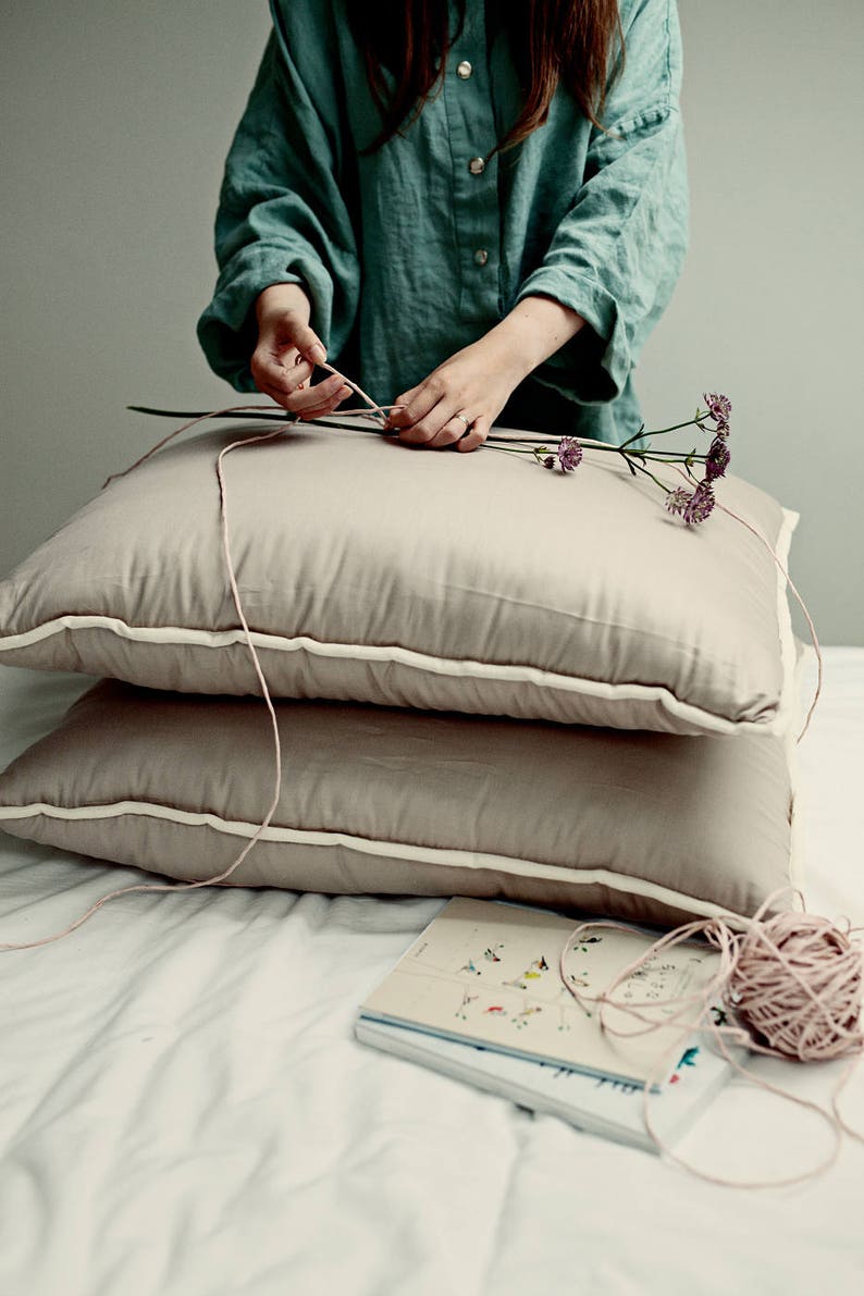 Sleep Pillows. Natural Wool Pillow With Gray Cotton Sateen Shell. With