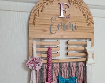 Personalised Bow Holder -  Bamboo with Scripted Name/Initial and Macrame Strands | Clip Holder| Bow Organiser