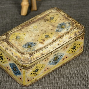 Rare Authentic Box, Vintage Aluminium Accessory, Yellow Box with Drawings, Collectibles, Vintage Painted Aluminium, Rustic Decor, Garage