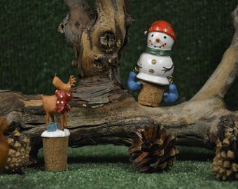 Cork stopper - Christmas corks - Christmas Cork Set of 2 - Snowman and christmas deer - Christmas wine bottle stopper - Gift idea