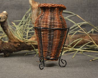 Vintage wicker vase - Wood decorative vase - Home decor - Knitted with sticks - Mini decorative basket - Office dekor