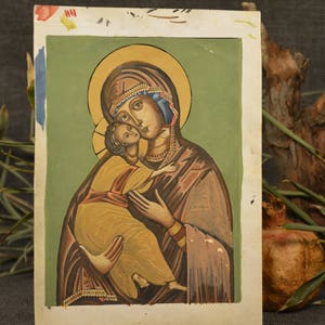 Orthodox icon Virgin Mary and baby Jesus - Vintage hand painted icon - Mother of God Byzantine orthodox icon - Christian Religious Icon