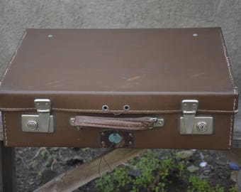 Leather suitcase - Suitcase with stamp - Rare suitcase from 1949 - Vintage natural leather suitcase - World War II - Old leather suitcase