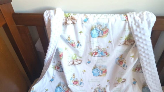 PERSONALISED BABY BLANKET BEATRIX POTTER PETER RABBIT BLUE/ WHITE OR PINK/WHITE 