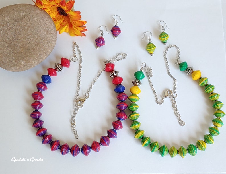 Pink/Green Paper Bead Pearl Necklace Fall Paper Jewelry image 0