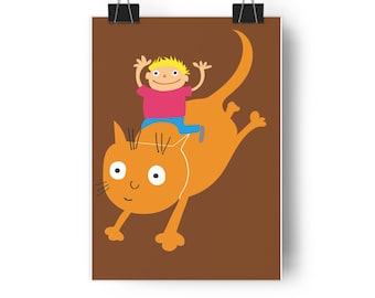 Lustige Katze reitet Kind Giclée-Kunstdruck - Katzenliebhaber Wanddekor, Joke Kitty Poster, Humorvolles Tier Kunstwerk, Hilarious Kinderzimmer,