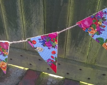 Floral Flag Bunting, Wooden Flag Garland, Decoupage, Vintage Style, Flowers & Polka Dot