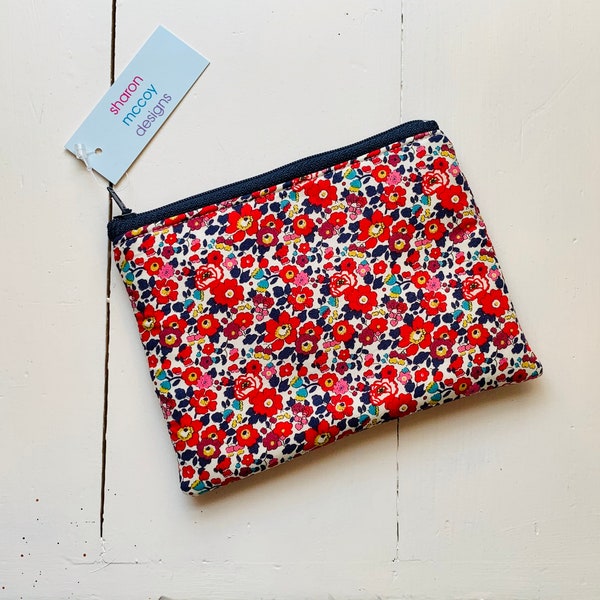 Liberty Of London 'Betsy Ann' Red & Blue Floral Fabric Small Zipped Pouch, Purse, Cosmetic, Lipstick, Face Mask Bag, Gym, Yoga Gift, New Mum