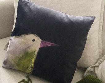 Whimsical bird pillow cushion cover, velveteen, 18x18, original bird drawing, grey, yellow, green, pink, beige