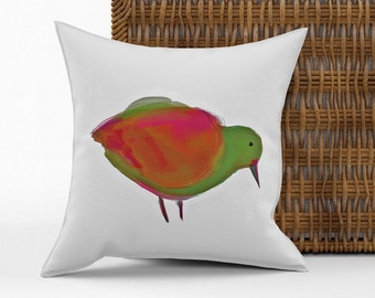 Pillow, cushion cover Velveteen or Canvas 18x18 original drawing Pink Orange Green Bird Drawing