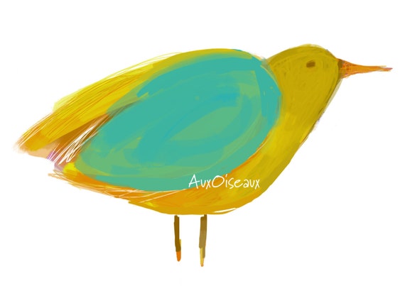 Oiseau Jaune Turquoise Couleurs Automne Dessin Numérique Original Impression De Qualité Type Giclée Cadre Non Inclus