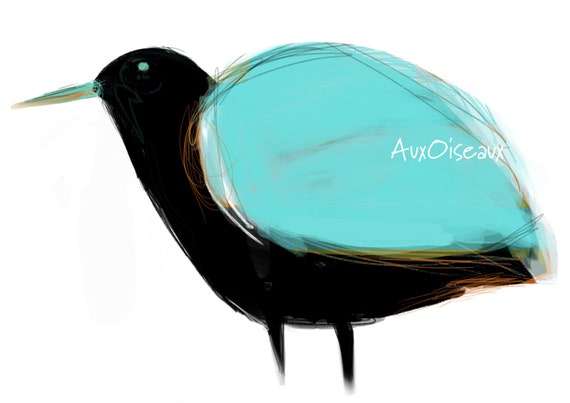 Oiseau Turquoise Orange Noir Dessin Numérique Original Impression De Qualité Type Giclée Cadre Non Inclus