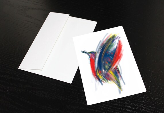 Carte De Souhaits Oiseau Rouge Bleu Jaune Format Une Fois Plié 5 X 7 Intérieur Blanc Enveloppe Comprise