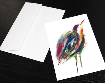 Greeting card 'Bird red, blue, yellow'. Format, once folded 5 x 7, white interior. Envelope included.