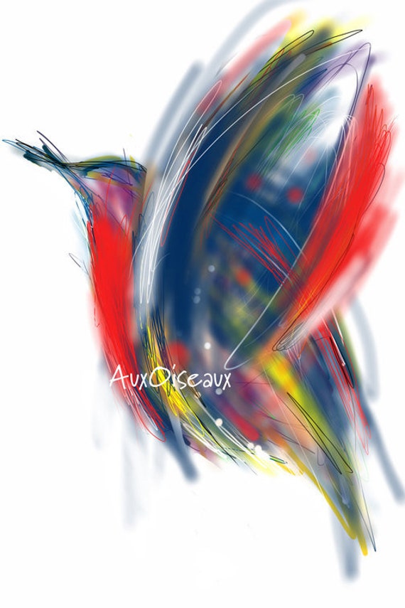 Oiseau Rouge Bleu Jaune Marqueur Crayon Dessin Numérique Original Impression De Qualité Type Giclée Cadre Non Inclus