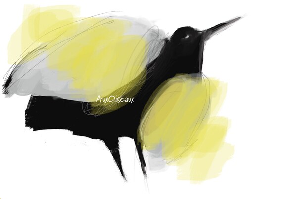 Oiseau Noir Gris Jaune Espoir Lumière Dessin Numérique Original Impression De Qualité Type Giclée Cadre Non Inclus