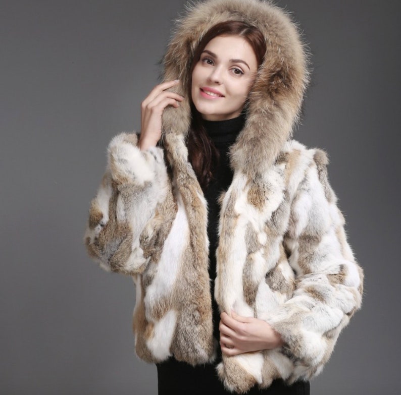 Rabbit Fur Hooded Jacket SHORT Fur Coat Rabbit Fur Jacket | Etsy