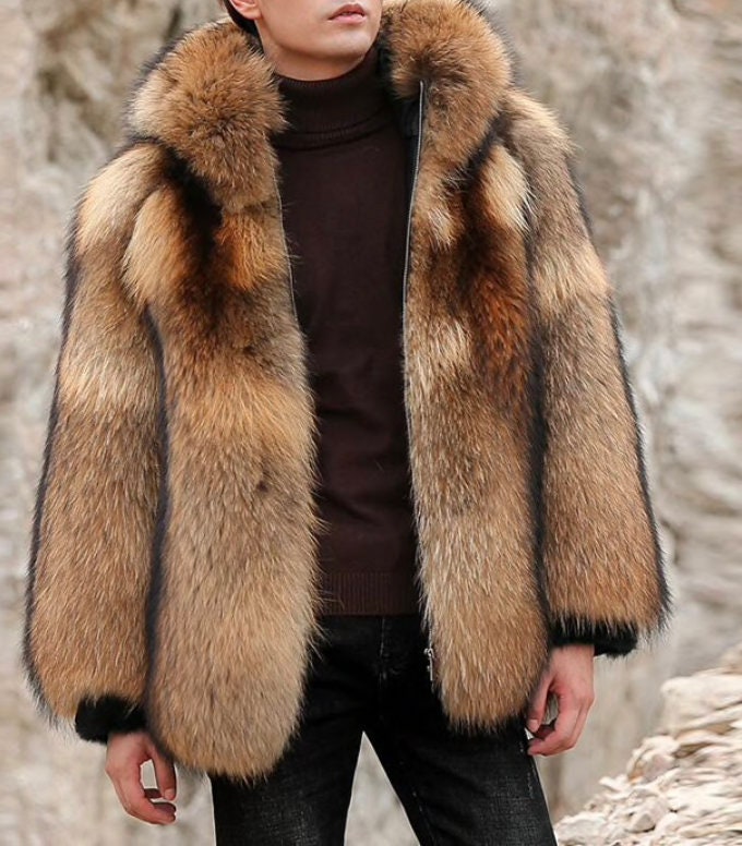 Mens Fur Coat Real Raccoon Jacket, Genuine Fur Coat Mens