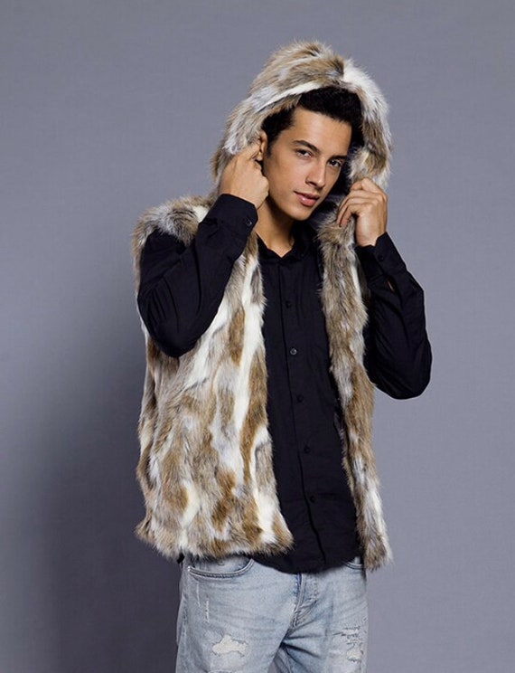 fur hooded vest mens