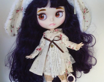 Blythe doll matte face purple hair dress hat shoes hands