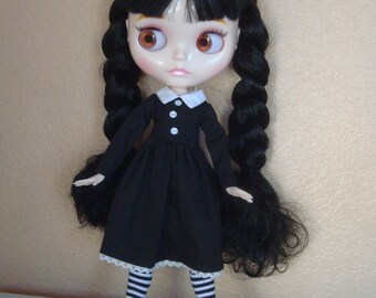 Blythe Doll Black Hair in Wednesday Addams Black Dress Socks Shoes