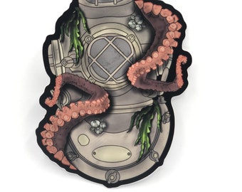 Vintage dive helmet vinyl sticker with octopus - 4” premium diving sticker