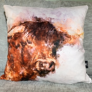 Highland Cattle in water colour, cushion 60cm - Cover+Insert