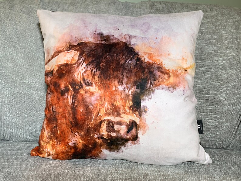 Highland Cattle in water colour, cushion 60cm - Cover+Insert