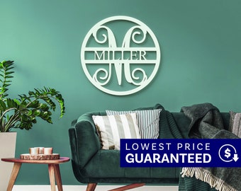 May include: A circular wall sign featuring a large capital letter M with decorative scrollwork and a horizontal bar across the center containing the name MILLER in a serif font. The sign is white and mounted on a solid green wall.
