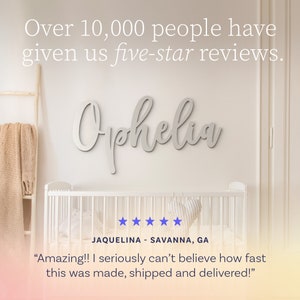 May include: A wall-mounted sign featuring the name Ophelia in a cursive script font. The text is displayed above a white crib. The image includes the text: Over 10,000 people have given us five-star reviews. Jaquelina - Savanna, GA. Amazing!!