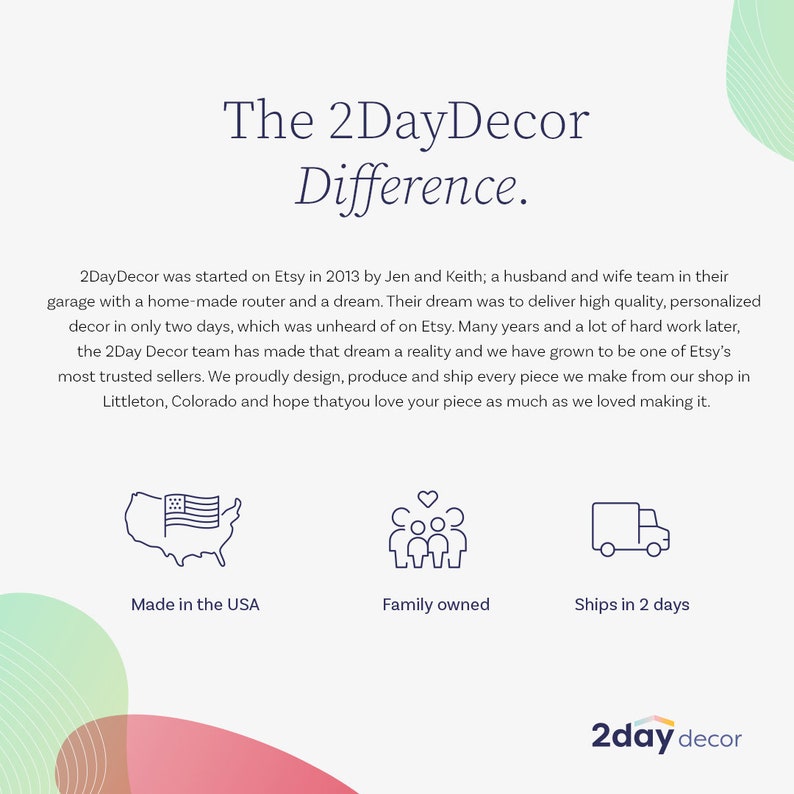 May include: An informational graphic titled The 2DayDecor Difference. It details the company history, stating it was started in 2013 by Jen and Keith. Icons represent Made in the USA, Family owned, and Ships in 2 days. The 2day decor logo is at the bottom.