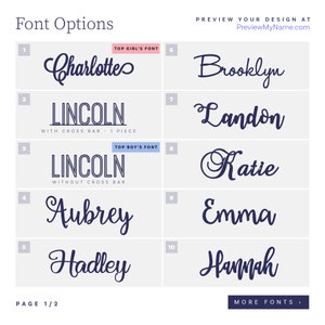 May include: A font selection chart displaying ten numbered options in dark blue text on a light gray background. The list includes names like Charlotte, Lincoln, Aubrey, Hadley, Brooklyn, Landon, Katie, Emma, and Hannah. Text includes PreviewMyName.com.