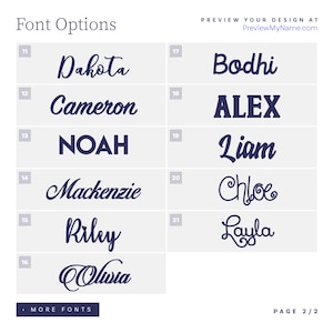 May include: A grid of dark blue text samples on a light gray background labeled Font Options. The names Dakota, Cameron, Noah, Mackenzie, Riley, Olivia, Bodhi, ALEX, Liam, Chloe, and Layla are displayed in various scripts. PreviewMyName.com is at the top.