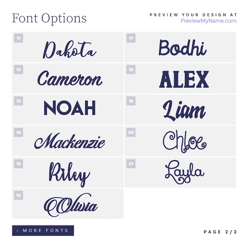 May include: A grid of dark blue text samples on a light gray background labeled Font Options. The names Dakota, Cameron, Noah, Mackenzie, Riley, Olivia, Bodhi, ALEX, Liam, Chloe, and Layla are displayed in various scripts. PreviewMyName.com is at the top.