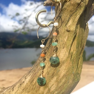 Gold Peruvian Opal Accent Dangle Earrings