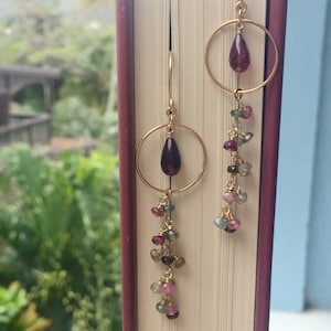 Pink Watermelon Tourmaline Cluster Gold Hoop Earrings