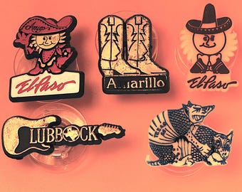 Juego de 5 pines de plástico vintage de Texas