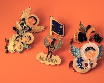 Alaska Angel USA vlag sneeuw rendieren emaille revers pin