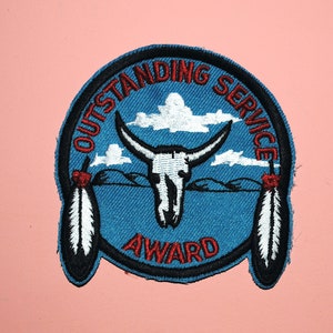 May include: A blue embroidered patch with a white skull and crossbones design. The text "OUTSTANDING SERVICE AWARD" is written in a red and black font around the skull.