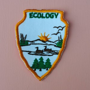 May include: A white felt patch with an orange outline in the shape of a teardrop. The patch has an embroidered image of a lake with trees, a sun, and two birds. The text "ECOLOGY" is embroidered in green letters at the top of the patch.