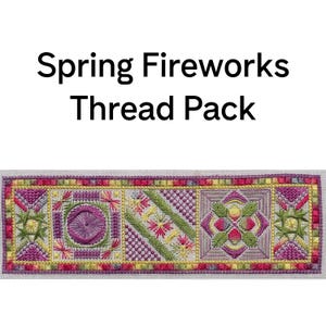 May include: A rectangular needlepoint design with the text "Spring Fireworks Thread Pack" at the top. The design features geometric patterns in shades of purple, pink, green, and yellow, with a detailed border.