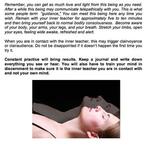 May include: Image of a woman's face in profile, overlaid with a translucent image of the same face. The image is set against a dark background, suggesting a spiritual or meditative theme.